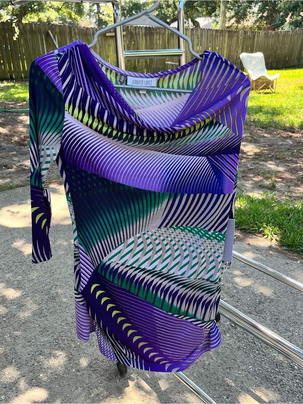 Jennifer Lopez Purple Green Abstract Cowl Neck Tunic Top